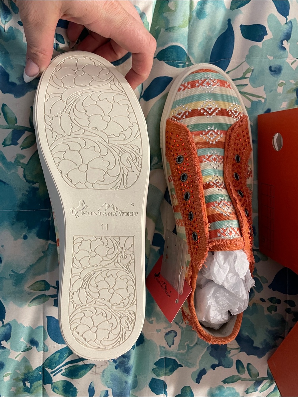 Montana West Orange and Aqua Striped Slip-On Sneakers
